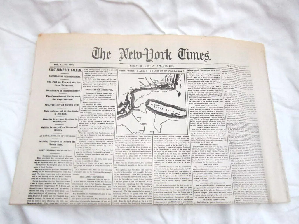 NEW YORK TIMES, MONDAY, APRIL 15, 1861 - FORT SUMTER FALLEN. CONSISTS OF 8 PAGES--A