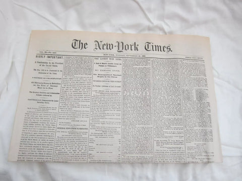 NEW YORK TIMES,SEPTEMBER 23,1862-PROCLAMATION BY THE PRESIDENT-ALL SLAVES TO BE FREED NEWSPAPER-A