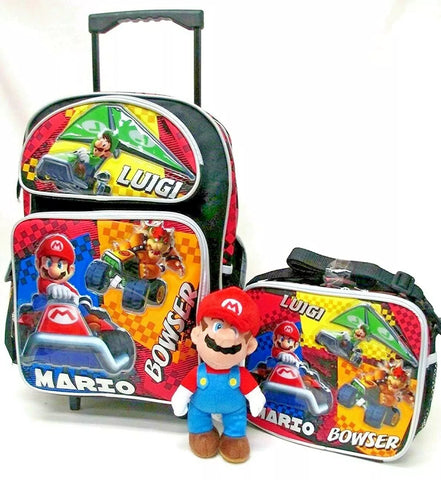 Super Mario Brothers Rolling 16" Backpack,Matching Insulated Lunchbox+Plush-New!