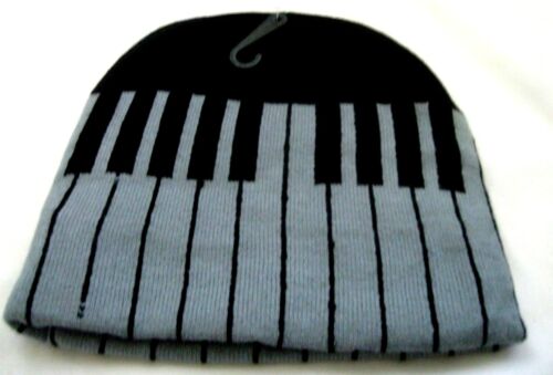 Large Gray & Black Musical Piano Keyboard Beanie Ski Hat Cap Beanie Style-New!