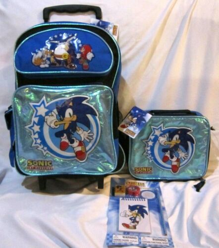 SONIC BLUE METALLIC 16" ROLLING BACKPACK,LUNCHBOX& SONIC 4 PC STATIONARY SET-NEW