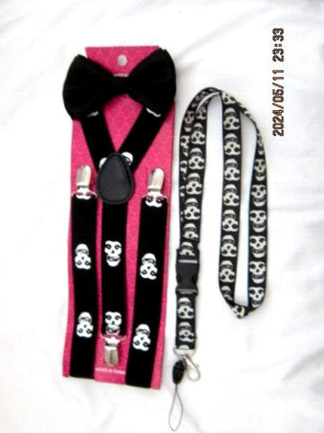 Tuxedo Unisex Black Adjustable Bow tie&Misfits Adj Y-Back Suspenders&Lanyard-New