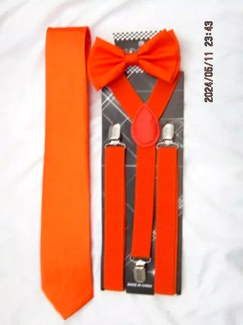 Solid Orange Bow Tie,Orange Neck tie & Orange Adjustable Y-Back Suspenders-New!2