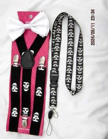 Tuxedo Unisex White Adjustable Bow tie&Misfits Adj Y-Back Suspenders&Lanyard-New