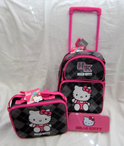 Hello Kitty Black 12" Rolling Backpack & Matching Lunchbox Lunch Bag+Pencil Case