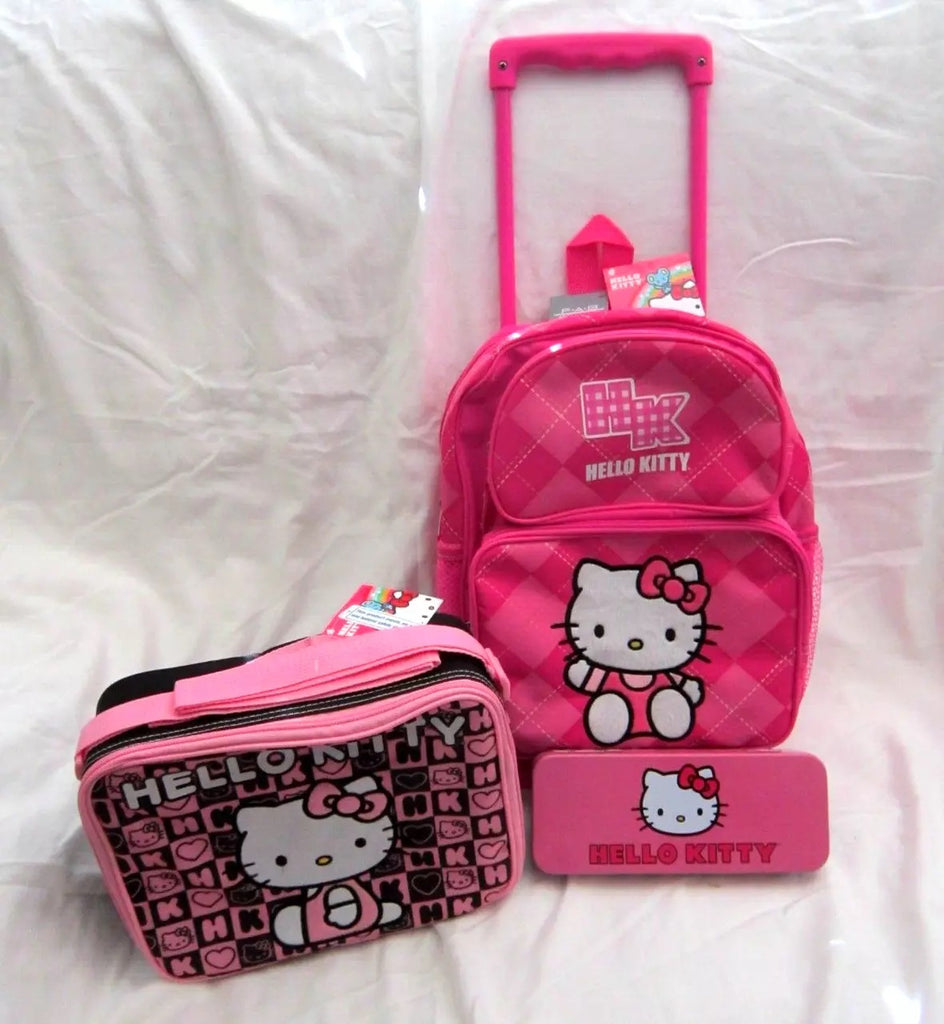 Hello Kitty Pink 12" Rolling Backpack & Matching Lunchbox Lunch Bag+Pencil Case