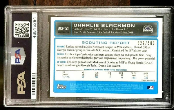 CHARLIE BLACKMON 2009 BOWMAN CHROME DRAFT AUTO REFRACTOR RC#/500 PSA9!Rockies