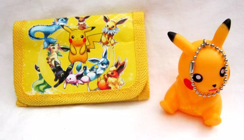 Unisex Kid's Adult Pokemon Pikachu and Friends Tack Wallet&3" H Plastic Sitting Pikachu Backpack Keychain Combo -Brand New without Tags!AR3S