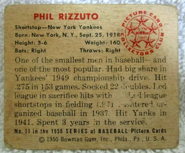 Phil Rizzuto 1950 Bowman Fielding the Ball Pose Card#11!Yankees IF GOAT HOF