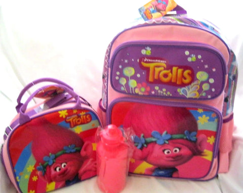 TROLLS POPPY 16" PINK WITH PURPLE OUTLINE BACKPACK & MATCHING POPPY LUNCHBOX-NEW