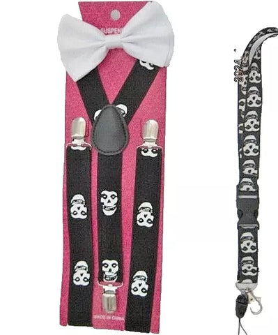 WHITE TUXEDO ADJ BOW TIE+WHITE MISFITS SKULLS BLACK ADJ Y-BACK SUSPENDERS COMBO!