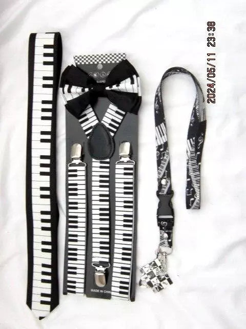 MUSICAL NOTES PIANO KEYS Suspenders,Necktie,Lanyard&matching Bow Tie Combo-New!2