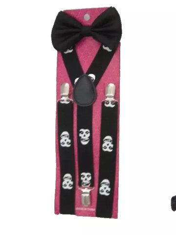 BLACK TUXEDO ADJ PRE-TIED STRAP BOW TIE+WHITE MISFITS SKULLS BLACK ADJ Y-BACK SUSPENDERS COMBO!
