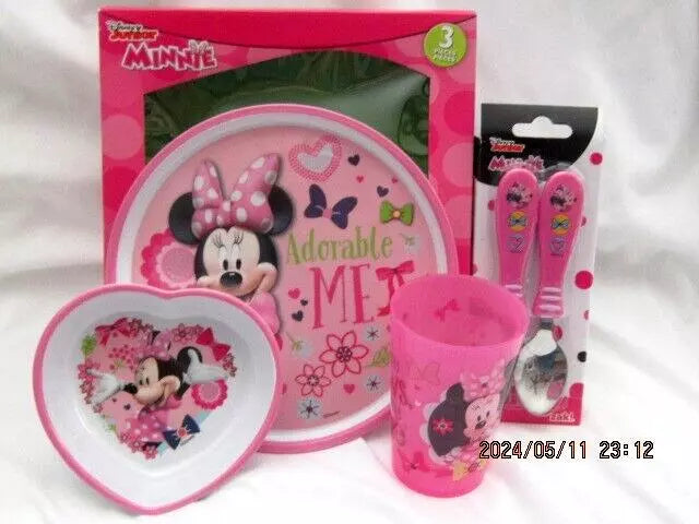 Disney Minnie Mouse Mealtime Dinnerware Set Plate,Bowl,Cup,&2pc Flatware-New!ve7