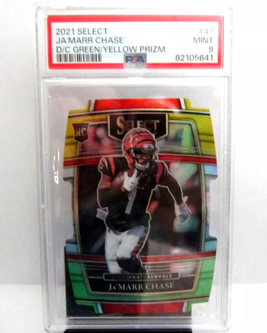 JA'MARR CHASE 2021 SELECT DIE-CUT GREEN/YELLOW PRIZM ROOKIE PSA9!BENGALS WR RC--A