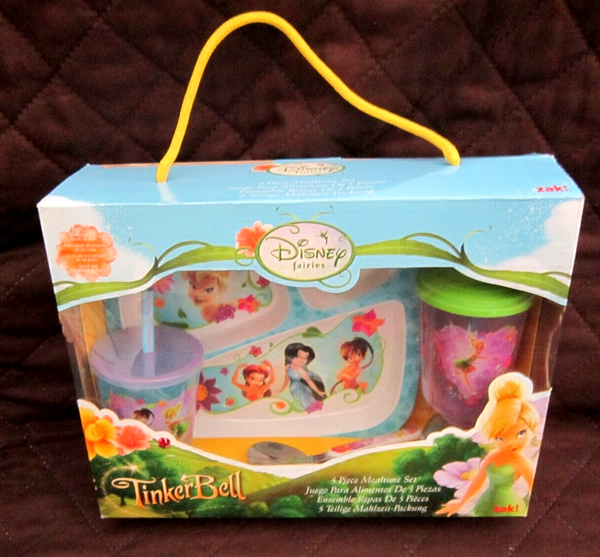 Disney Tinkerbell and Fairies 5 Piece Mealtime Dinnerware Set,Sectional Plate, Spoon, Fork, Sip Bottle and Tumbler Cup Dinnerware Set by Disney-Brand New Factory Package!
