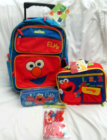 Sesame Street Elmo 16" Red Face Rolling  Backpack&Elmo 9.5" Insulated Lunch Bag!