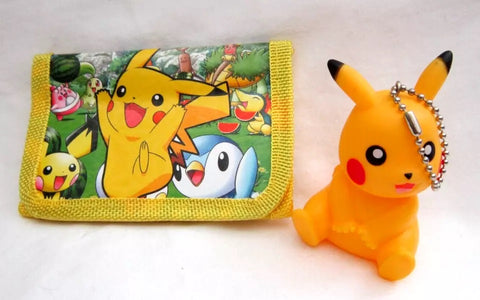 Unisex Kid's Adult Pokemon Pikachu and Friends Tack Wallet&3" H Plastic Pikachu Figure Backpack Clip/Keychain Combo-Brand New without Tags!AR3S