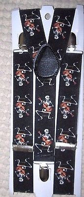 Unisex WIDE 1 1/2" BLACK WITH MULTIPLE WHITE SKULLS Y-Back suspenders-New!VERS3