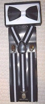 Black White Stripes Adjustable Bow Tie & Black White Stripes Suspenders Combo