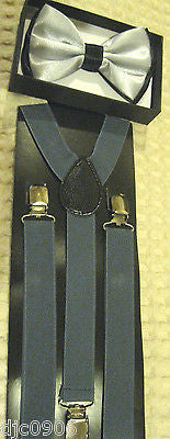 Gray Silver Black Tips Adjustable Bowtie & Gray Adjustable Suspenders Combo-New!