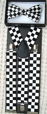 BLACK WHITE CHECKERED Adjustable Bow tie&Adj. 1 1/2" Y-Back Suspenders Combo-v2