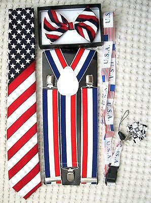 US Flag American Flag Suspenders,Lanyard,Tie &US Patriotic Flag Adj. Bow Tie-V2