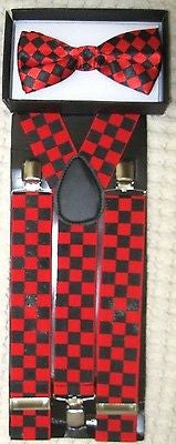 Black&Red Checkers Adjustable Bow tie &1 1/2" Black&Red Checkered Suspenders-2