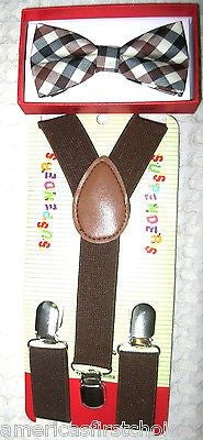 Kids Boys Brown Adjustable Bow Tie & Brown Y-Back Adjustable Suspenders-New! v1