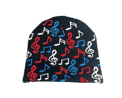 Red,White, and Blue Musical Notes Black Winter Knitted Skull Beanie Ski Cap-New!