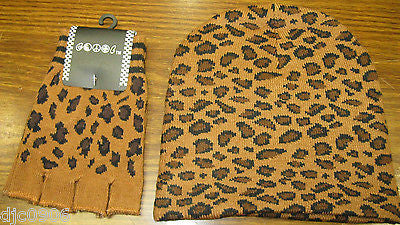 Bronze Leopard Animal Print Safari Beanie Ski Cap+Leopard Matching Gloves-New