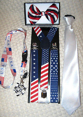 US Flag American Flag Suspenders & Red,White,Blue Stripes Adjustable Bow Tie-New