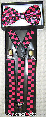 BLACK PINK CHECKERS TUXEDO ADJUSTABLE BOW TIE+SOLID PINK SUSPENDERS COMBO