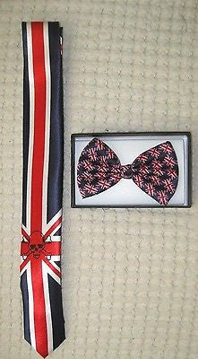 UK British Flag Skinny Neck Tie & UK British Adjustable Bow Tie Combo-A8