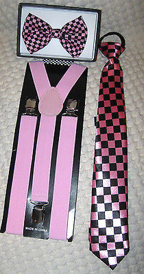 Teens White Black Checkered  Pre-Tied Neck tie&Black White Diamonds Suspenders
