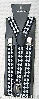 Unisex Black and Blue Diamonds Checkers Adjustable Y-Style Back suspenders-New!