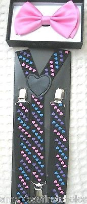 Solid Pink Adjustable Bow Tie&Pink Silver Hearts Adjustable Suspenders Combo-New
