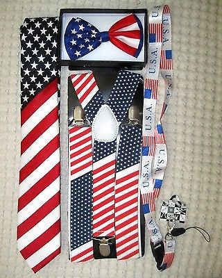 US Flag American Flag Suspenders,Lanyard,Tie &Red,White,Blue Stripes Bow Tie-v10