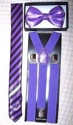 Purple cheetah leopard Bow Tie,Purple NeckTie&Purple Adjustable Suspenders-New!