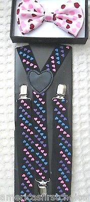 Solid Pink Adjustable Bow Tie&Pink Silver Hearts Adjustable Suspenders Combo-New