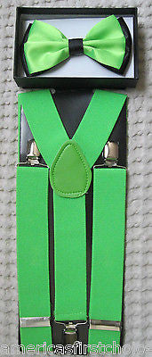 NEON GREEN BLACK TIPS TUXEDO BOW TIE+NEON GREEN WIDE ADJUSTABLE SUSPENDERS SET