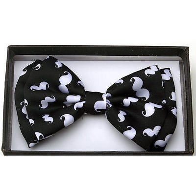 Tuxedo PreTied Black White Mustaches Bow Tie Satin Adjustable Bowtie Bow Tie-New