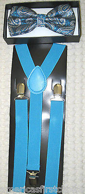 French Blue Silver Paisley Pattern Adjustable Bow Tie & Blue Glitter Suspenders