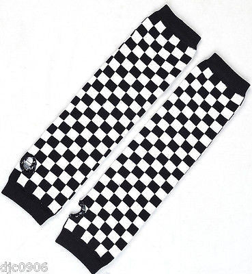 Women Black White Checkers Elastic Fingerless Arm Warmers Elbow Long Gloves-New