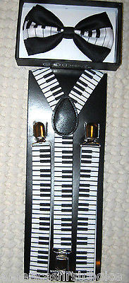 Musical Piano Keys Adjustable Bow Tie & Piano Keys Keyboard Suspenders Combo