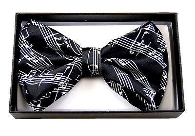 BLACK MUSICAL NOTE MOTIF ADJUSTABLE  BOW TIE-NEW GIFT BOX!
