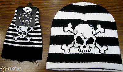 Black & White Strips White Skull Crossbones Beanie Ski Cap+Matching Gloves -New!