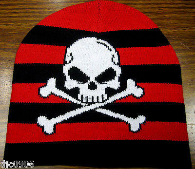 White Skull Cross Bones Red & Black Strips Winter Knitted Skull Beanie Ski Cap