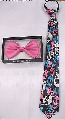 KIDS TEENS SOLID PINK ADJUSTABLE RE-TIED STRAP BOW TIE+MULTI-COLOR SKULLS PRE-TIED NECKTIE-NEW