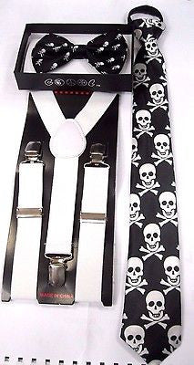 Teen's Skulls&Crossbones Adjustable Bow Tie & Neck Tie & White Y-Back Suspenders